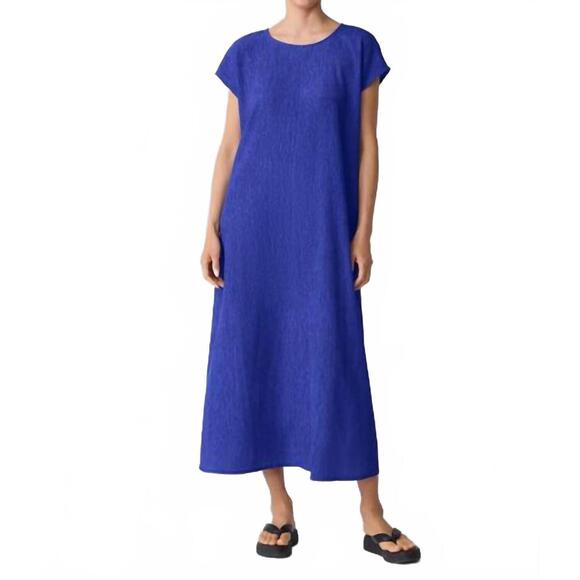 NEW EILEEN FISHER woven pliss round neck dress in royal